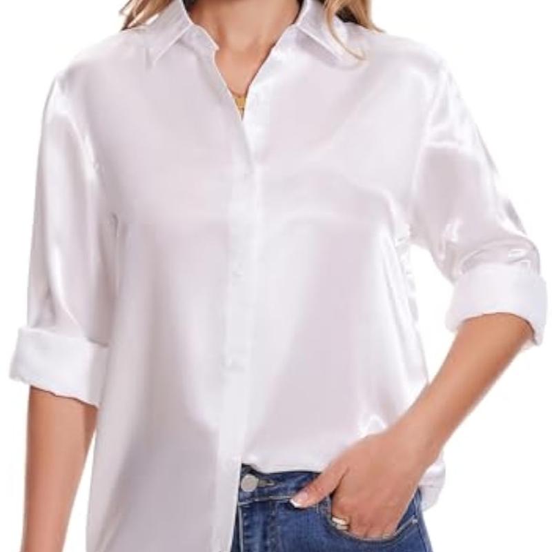 YAMANMAN  Loose Fit Casual v-neck Top Satin Blouse  Business Fashion Soft Breathable Summer Women's Loose Long Sleeve Collared Shirt