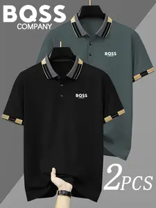 Two-Pack Hh4518 Classic Bqss Logo Print Men's Collared Shirts, Elastic Casual Breathable All-Season Comfortable High-End Polo Shirts