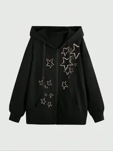 Women's Drawstring Zipper Cardigan, Pocket Design, Star Print, Casual Loose Fit, Fall & Winter Comfortable Warm Sweatshirt, Casual Hoodie Jacket