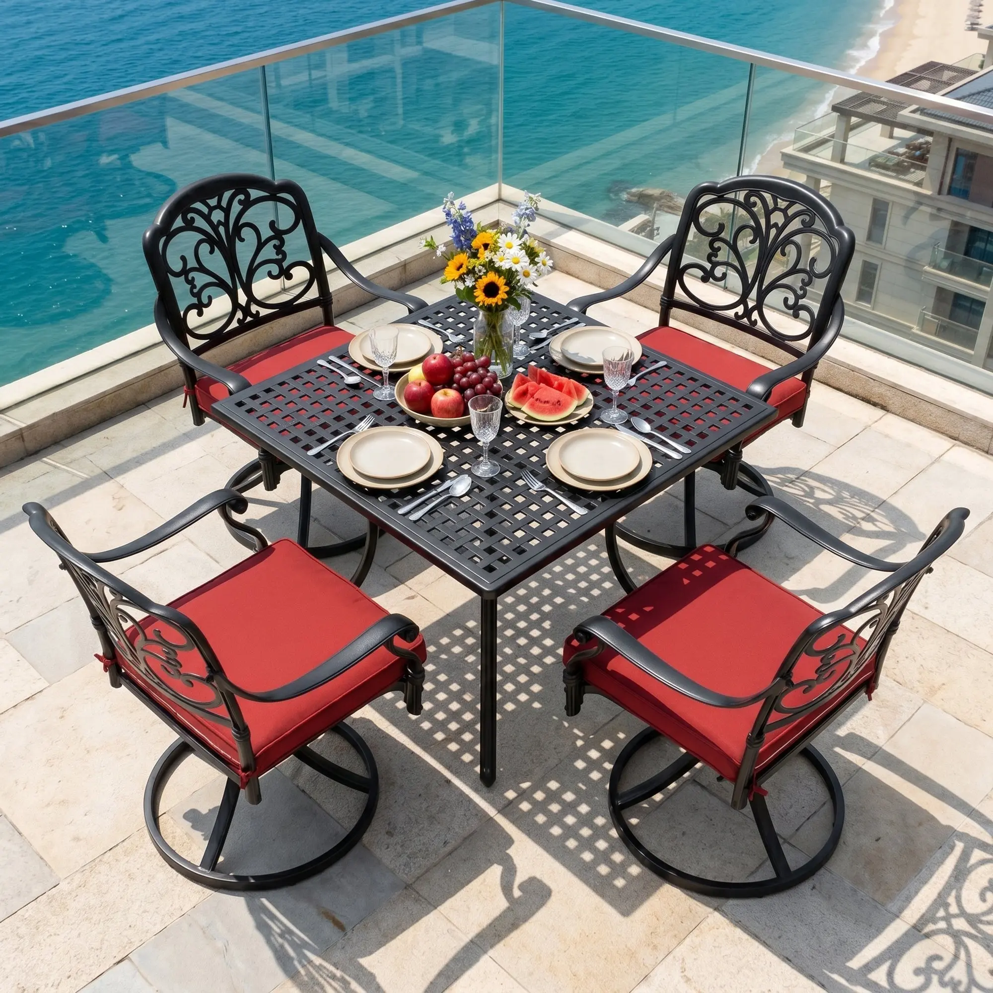 Cast Aluminum 5-Piece Patio Dining Set with Umbrella Hole, Swivel Chairs