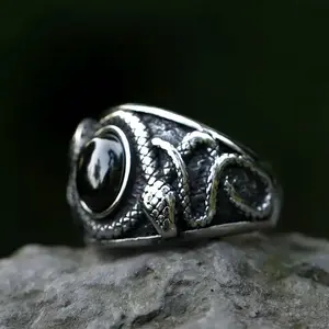 New Men's 316L Stainless Steel Rings Vintage Snake With Zircon For Teens Punk Fashion Animal Jewelry Gift