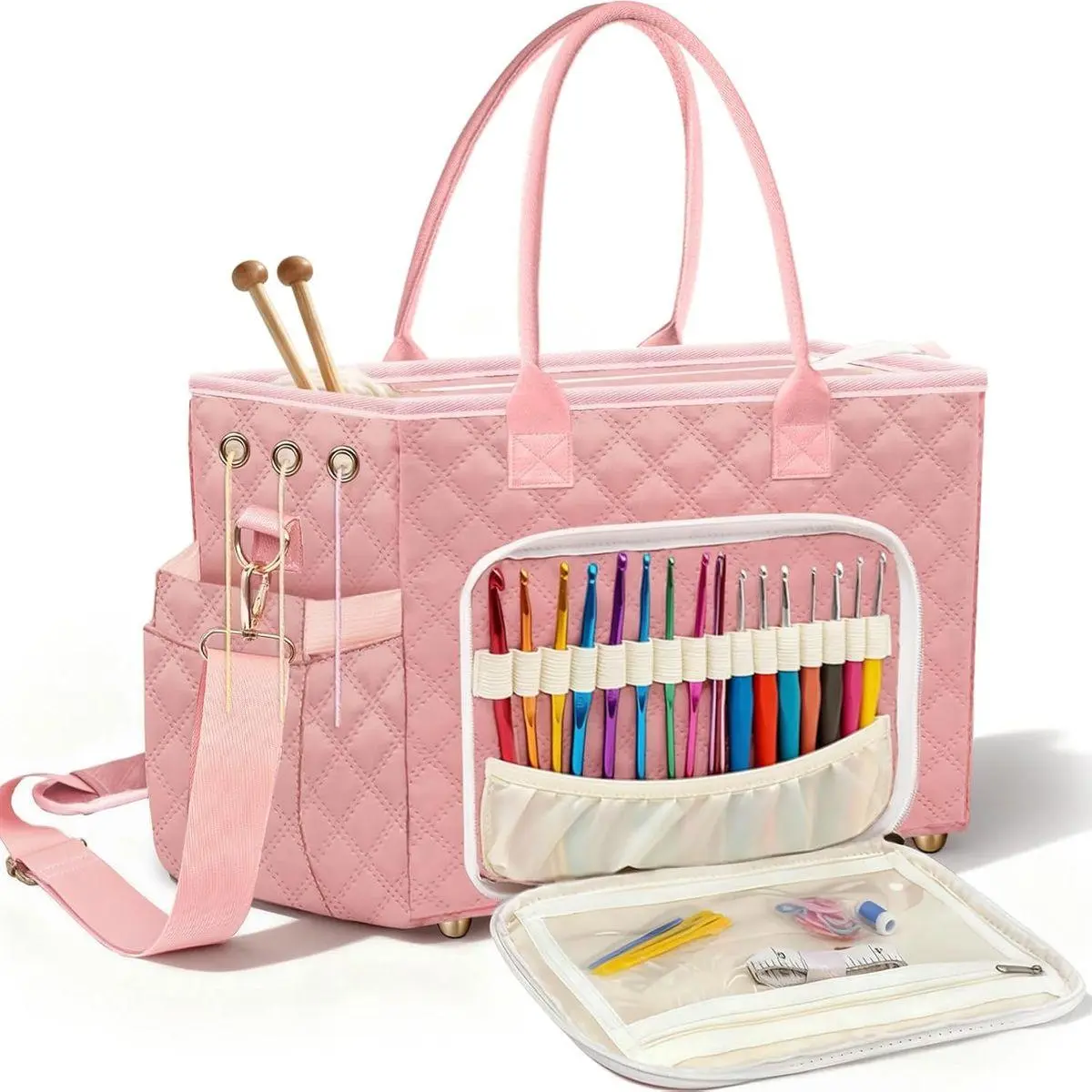 Crochet Bag Yarn Storage, Large Knitting Tote with Padded Crochet Hook Organizer, Tote with Multiple Compartments for Crochet Lovers, Knitting Accessories, Unique Valentines Gifts for Her