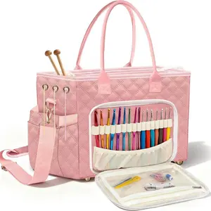 Crochet Bag Yarn Storage, Large Knitting Tote with Padded Crochet Hook Organizer, Tote with Multiple Compartments for Crochet Lovers, Knitting Accessories, Unique Valentines Gifts for Her