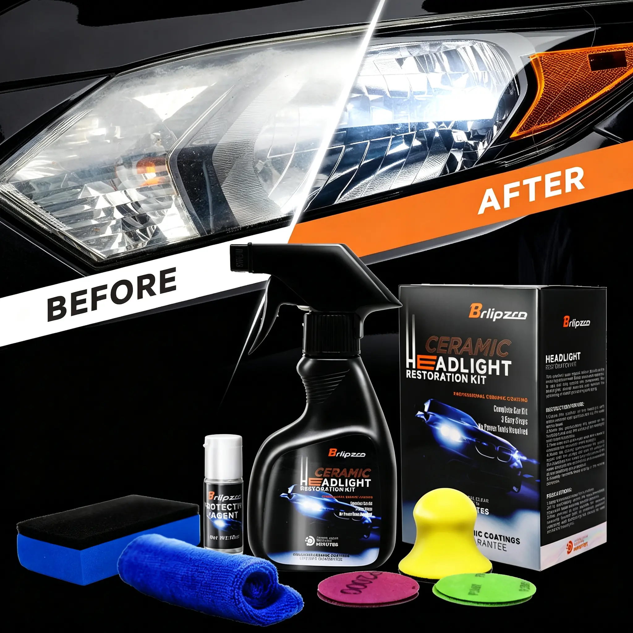 Auto Headlight Restoration & Cleaning Kit - 2-Piece Lamp Crystal Coating for Yellowing, Fogging Fixes & Polishing