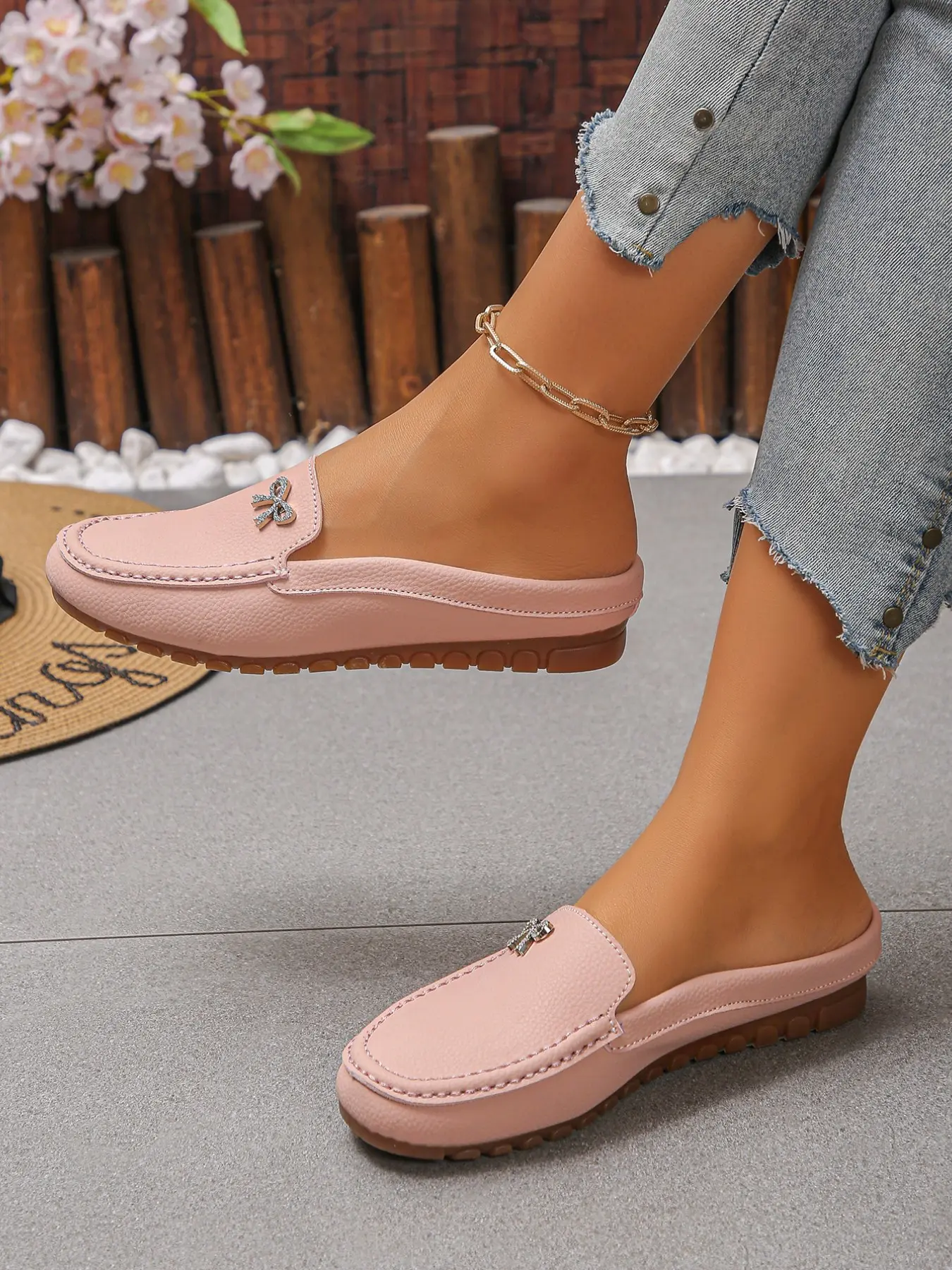 Women's Rhinestone Bow Lazy Mule Slippers, Soft Sole Anti-Slip Outdoor Shoes, Casual Spring & Fall Footwear, Breathable and Comfortable, Rhinestone Bow Mules
