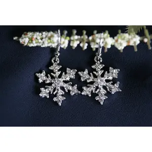 Rhinestone French Hook Snowflake Earrings, Silver Plated Christmas Crystal Snow Flake Dangling Earring, Holiday Fashion Jewelry Gift