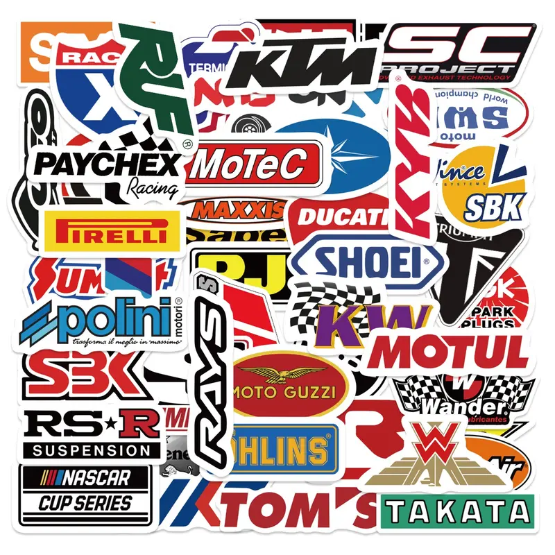 50pcs Motorcycle Racing Brand Stickers Pack, Decal Set, Waterproof Motorbike Logo Decals for Laptop, Helmet, Water Bottle & Car, Biker Gift