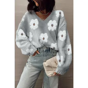 Gray Cute Flower Print V Neck Drop Shoulder Baggy Sweater