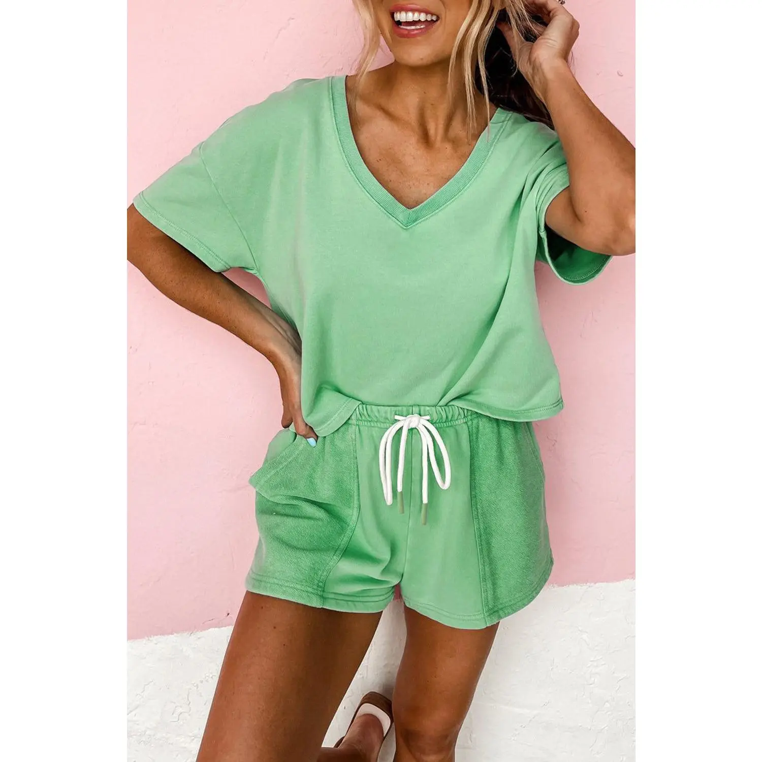 Mint Green V Neck Drop Shoulder Tee and Patchwork Shorts Set