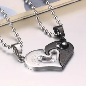 2pcs Stainless Steel Heart-Shaped Pendant Necklaces, 2-Tone Splicing Design, Fashion Light-Luxury Jewelry Set with Synthetic Zircon, Ideal Gift for Couples