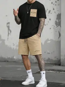 Men's Relaxed Fit Two-Piece Co-Ord Set | Contrast Pocket T-Shirt with Matching Shorts | Soft Fabric Minimalist Graphic Streetwear for Summer Hangouts & Urban Trendy Outfits