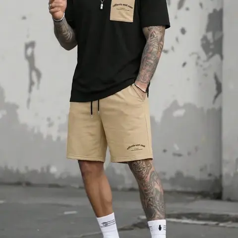 Men's Relaxed Fit Casual Two-Piece Co-Ord Set | Contrast Pocket T-Shirt Top with Matching Shorts | Soft Fabric Minimalist Graphic Streetwear Menswear for Summer Hangouts & Urban Trendy Outfits Casual Style Set