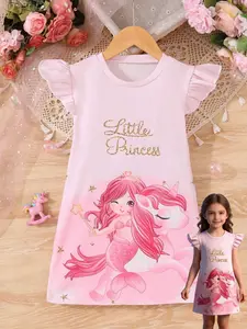A pink princess style nightgown with mermaid unicorn print, ruffled short sleeved home skirt, soft skin friendly pajamas, suitable for indoor and outdoor wear, Sleepwear Dresses