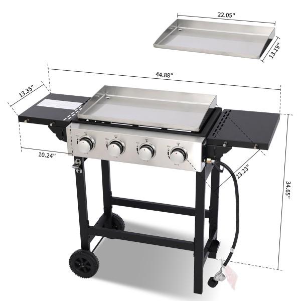 Propane Gas Griddle 4-Burner, Flat Top Grill Griddle, Outdoor Gas Stove with Foldable Side Tables, Wheels - 40,000 BTUs Output, 291 sq.in Cooking Area, for Patio Barbecue, Backyard, BBQ