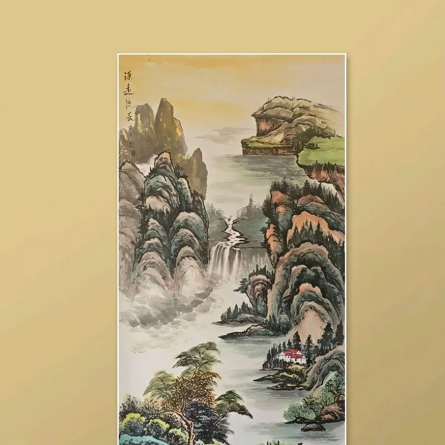 "The Eternal Source" Original Hand-Painted Traditional Chinese Shanshui Landscape Painting 54x27 Vibrant Blue-Green Style for Living Room & Office