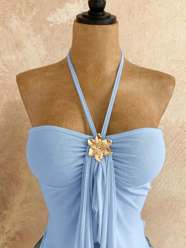 Fairycore Women's Blue Asymmetrical Hemline Halter Top With Ocean Shell Decoration, Summer