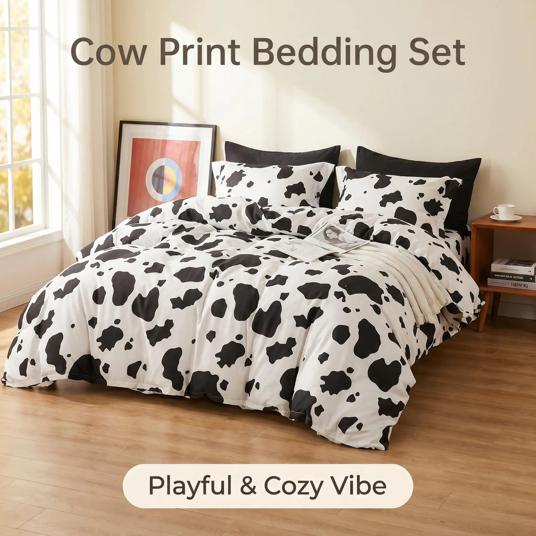 Bedsum 2/3 Pieces Microfiber Duvet Cover Set, Ultra Soft Cow Print Comforter Cover Set with Hidden Zipper & Corner Ties, All Season Farmhouse Bedroom Bedding