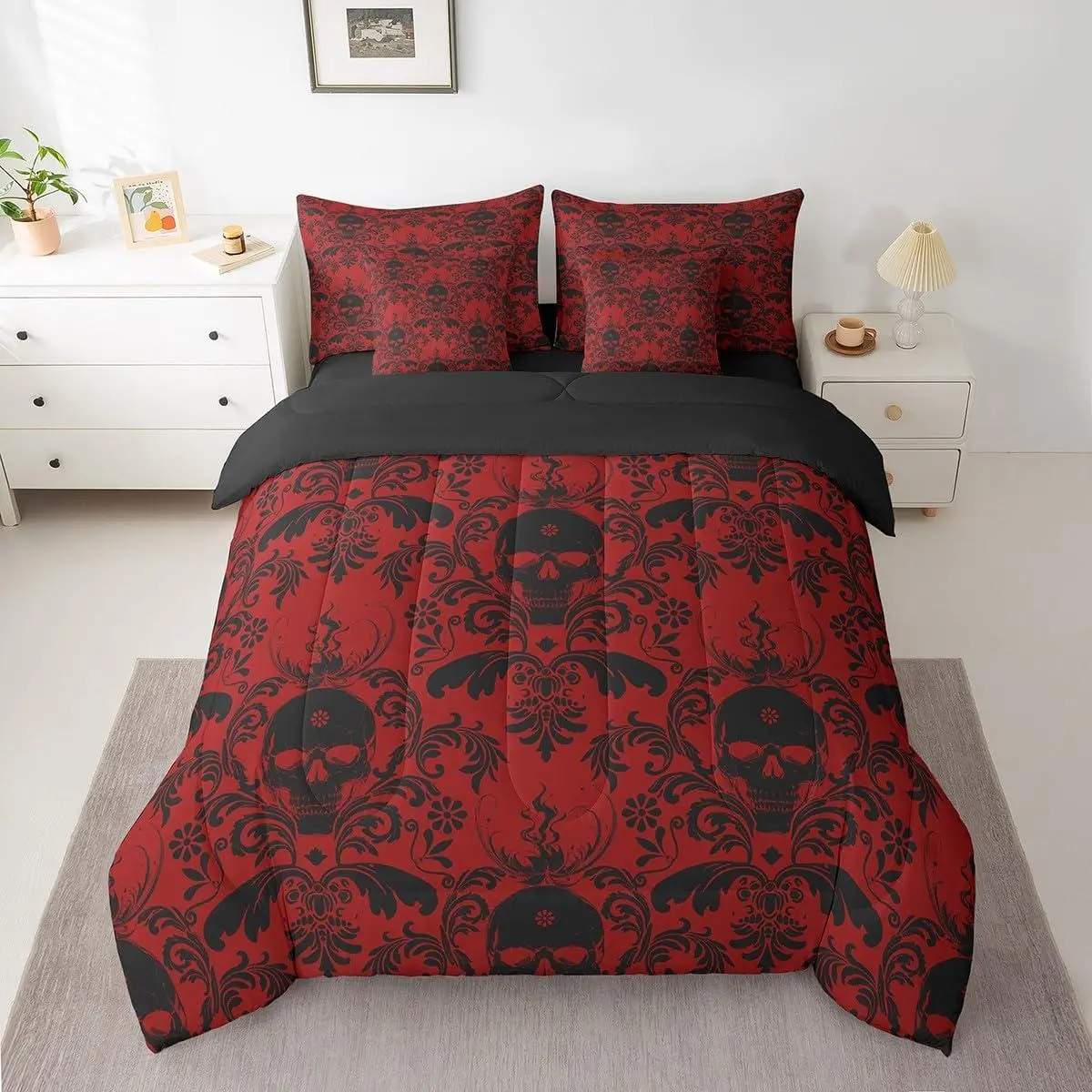 Jacquard Damask Bed in a Bag Vintage Damask 7 Piece Bedding Set Decor Sugar Skull Bed Set Includes Comforter,Sheets,Pillowcases & Pillow Covers Vintage Floral