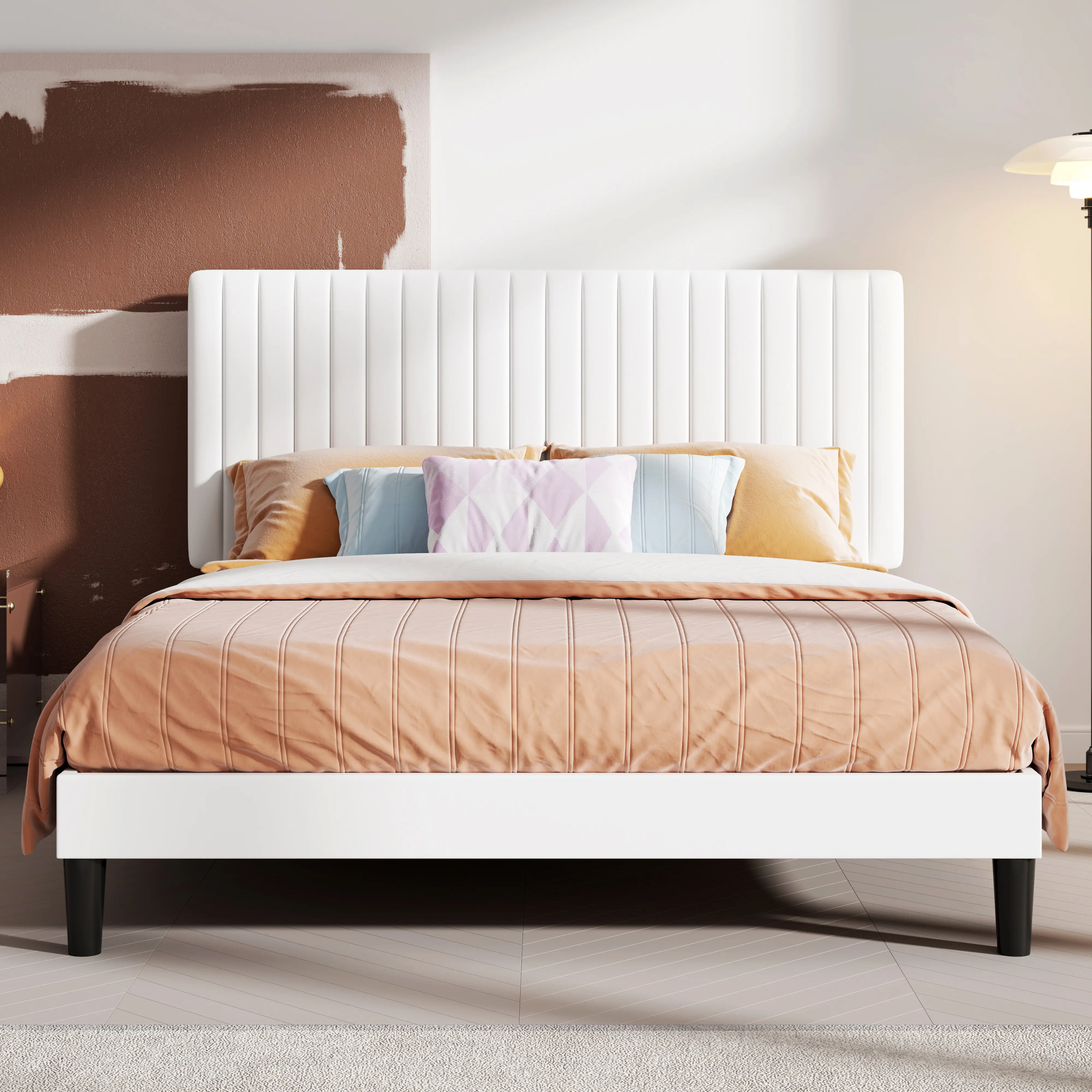 HOOMIC Platform Bed Frame, Modern Velvet Upholstered Bed with Adjustable Vertical Channel Tufted Headboard, 【Frame Only No Mattress】Wooden Slats Suppo
