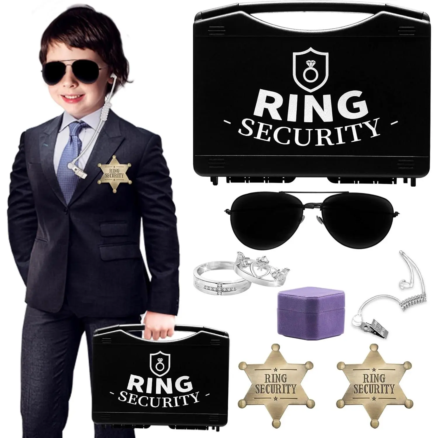 Ring  Wedding Ring Bearer Gifts Box Set Include Ring  Badges, Acoustic Earpiece Tube, Rings Bearer Sunglass, Wedding Rings Box with 2 Rings