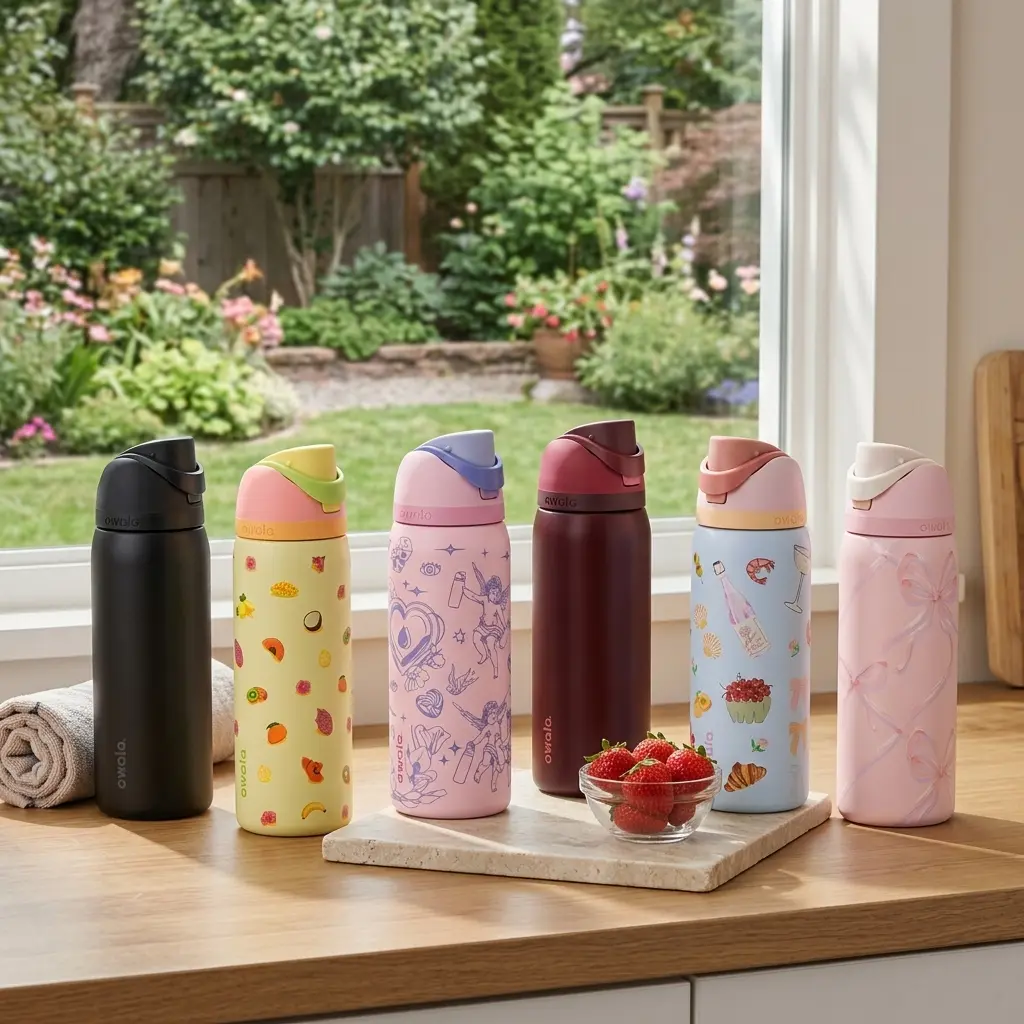 32 Oz Owala FreeSip Insulated Stainless Steel Water Bottle with Straw for Sports and Travel, BPA-Free,Just Ripe, Ribbon Toile, Black Cherry Designs