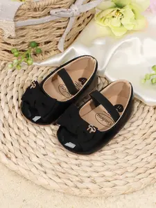 Girls' Solid Color Bow Slip-On Shoes, Rubber Sole Anti-Slip Soft Bottom, Baby Walking Shoes for 0-18 Months, Spring & Fall