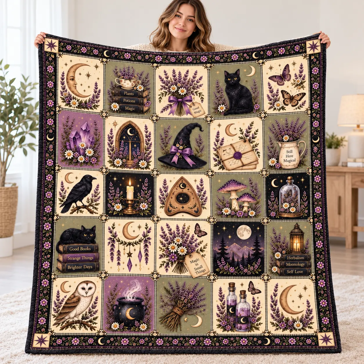 Witchy Cottagecore Blanket, Lavender Moon Black Cat Flannel Fleece Throw, Celestial Floral Patchwork, Cozy Botanical Home Decor Gift for Her Soft Cozy Lightweight Comfort Blanket for Bed Sofa Couch Bedroom Witchy Room Decor Bedding Throw Blankets