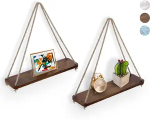 Hanging Shelves for Wall - Set of 2 – Rustic Farmhouse Boho Shelves with String– 17”x5.2” – Thick Distressed, Torched Look Real Wood - Brown Color floating