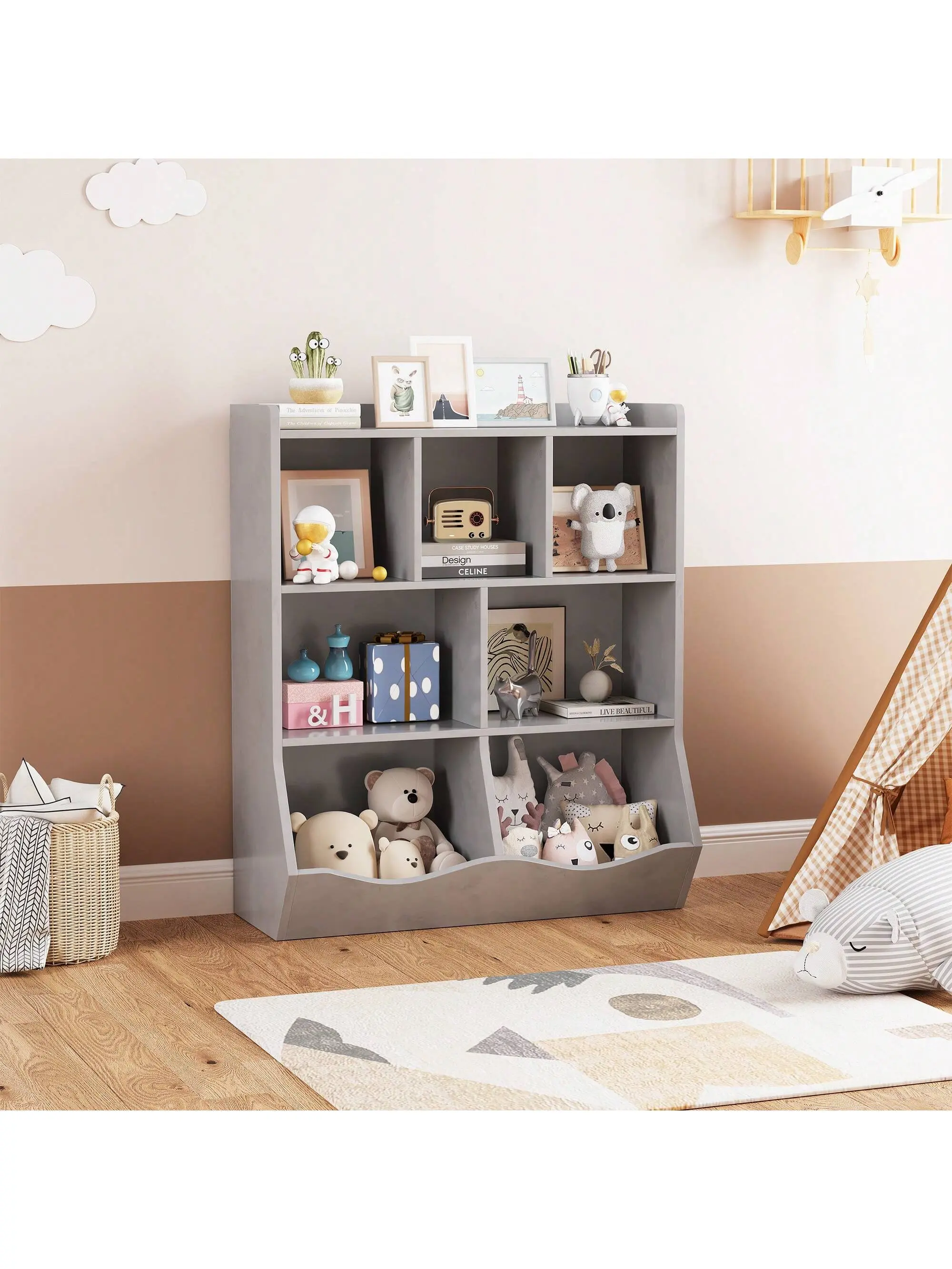 GARVEE Multi-Tiered 3-Tier Child-Safe Particle Board Bookshelf, Playful Sturdy Storage Unit with 5 Open Slots & Cubby Cabinet for Books, Toys, Assembly Required for Kids' Bedroom, Effortless Organization, Exceptional Customer Service Support