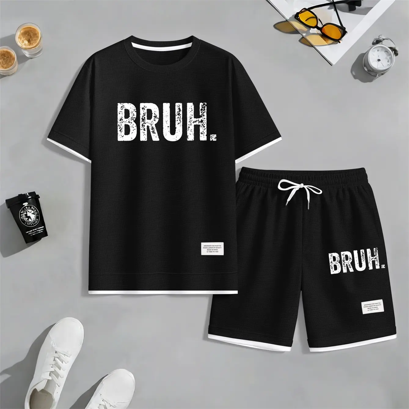 Men's Bruh Print Waffle Fabric Short-Sleeved Shirt And Shorts Set