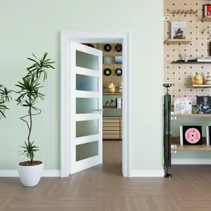 5-Lite Glass Door,Preassembled Frosted Glass French Door,MDF Wood Panel, for Closet Pantry Bedroom Livingroom Study Office,as Prehung, Pocket, Barn Doors-Shaker w/o Hardware,White