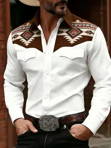 Men's Casual Western Collared Long Sleeve Shirt with Cross Scroll Pattern, Digital Print Design, Perfect for Daily Wear and Parties, Ideal Gift for Holidays