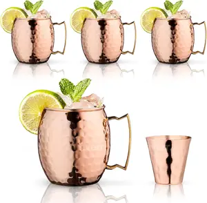Royalty Art 100% Copper Moscow Mule Mugs Set - 4-Pack with Shot Glass - Premium Hammered Copper Drinking Cups for Icy Cold Cocktails, Home Bar, Kitchen & Gift Set friend gift coffee mug tumbler gift