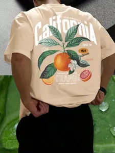 Men's Letter & Orange Print Round Neck Sleep Tee, Regular Fit Casual Soft Comfortable Short Sleeve T-Shirt for Daily Wear, Men's Sleepwear & Loungewear for All Seasons