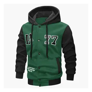 Men's Green Black Color Block LA 77 Graphic Hooded Baseball Jacket: Button Front Casual Daily Outerwear