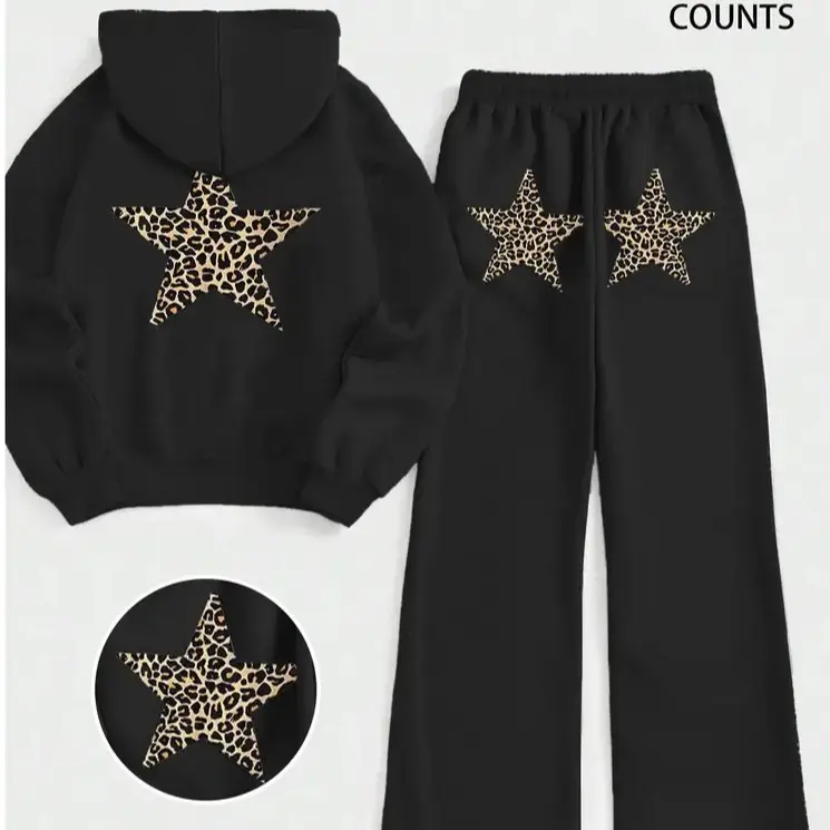 Pastel Black Leopard Star Hoodie & Wide-Leg Set – Oversized Y2K Streetwear Tracksuit for Women & Men, 2-Piece Matching Loungewear Outfit, Casual Co-Ord Sweatsuit, Soft Pullover Hoodie, Sizes S–5XL