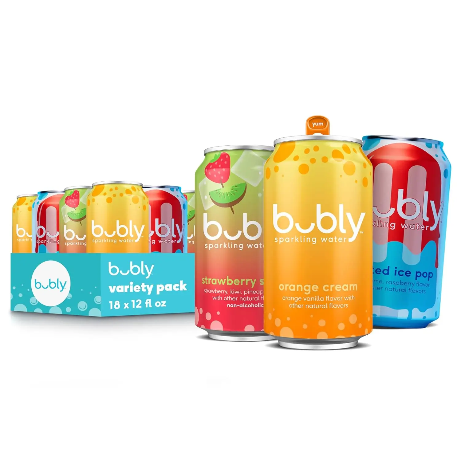 Natural Sparkling Water Beverage, 3-Variety Pack (Melted Ice Pop, Orange Cream, Strawberry Sunset), 0 Sugar, 0 Calories, 12 fl oz Cans (18 Pack), Seltzer
