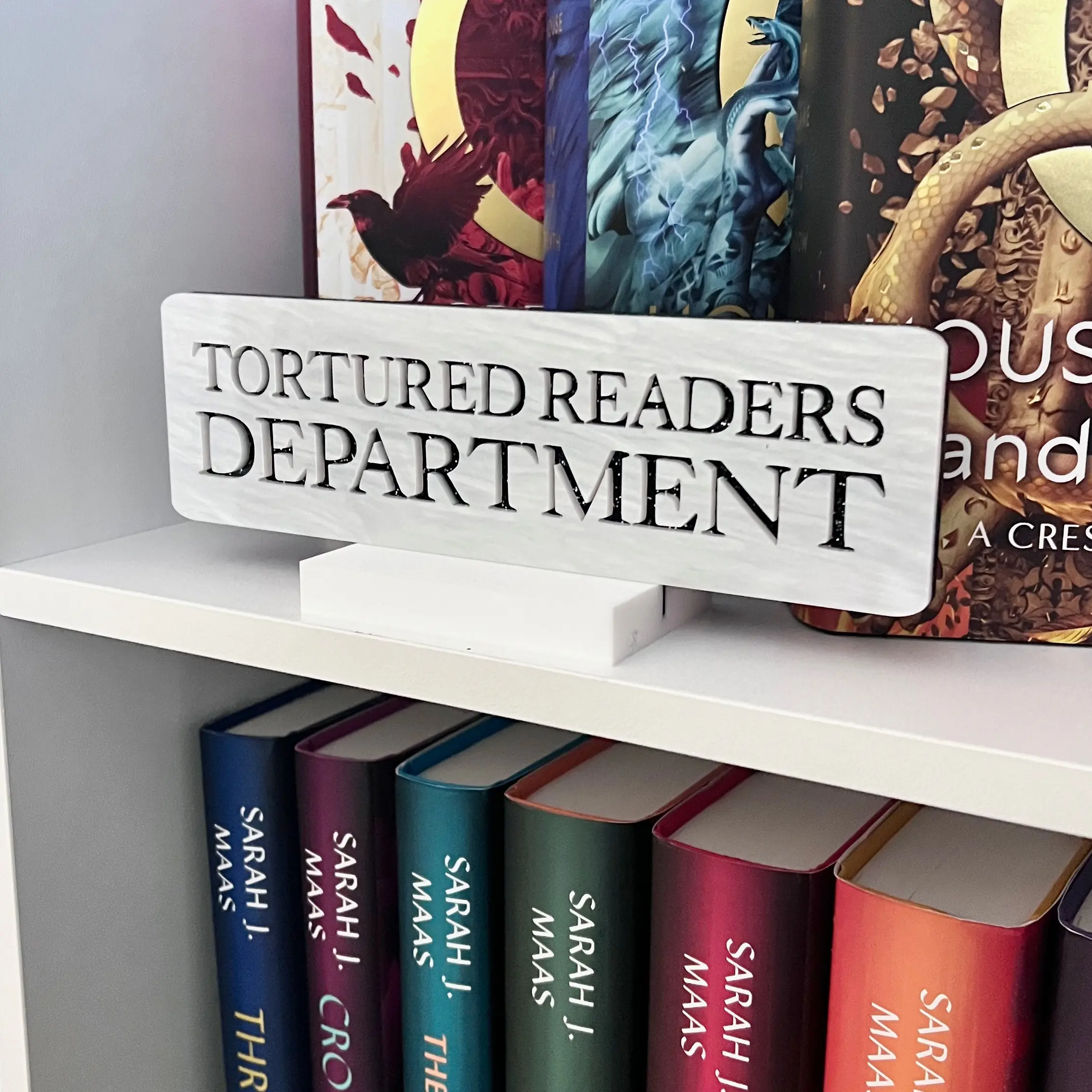 Tortured Readers Department Bookshelf Sign - High-Quality Acrylic Laser Engraved Design 8"x2.5" Sleek White Base Lightweight for Home Office or Library