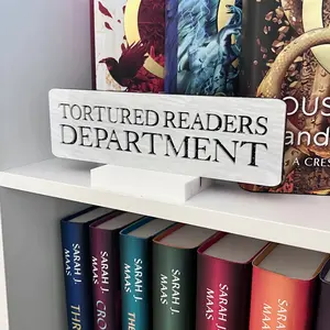 Tortured Readers Department Bookshelf Sign - High-Quality Acrylic Laser Engraved Design 8"x2.5" Sleek White Base Lightweight for Home Office or Library