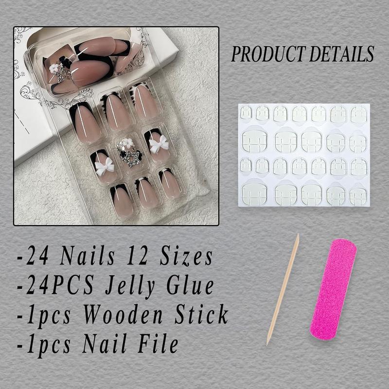 French Tip Press on Nails - Short Square Fake Nails with 3D Bow Charms - Black & White Zebra Print False Nails with Small Flowers, Silver Stars, and Rhinestones - 24Pcs DIY Nail Art Kit