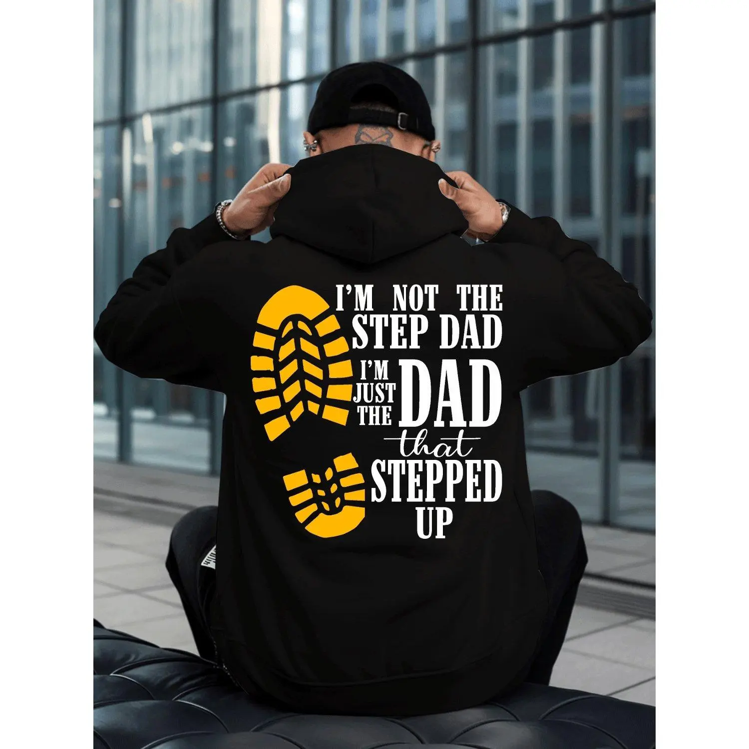 Hoodie Sweatshirt Streetwear with "I'm Not The Step Dad I'm The One That Stepped Up" Back Print Yellow Graphic Pullover Soft Loose Fit Casual Wear Activities Parties Funny Gift for Dads Relaxed Style Trendy Outerwear