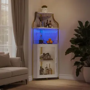 5-Tier Corner Bar Cabinet with LED Lights – Wine & Liquor Storage Sideboard – Adjustable Shelves, Removable Glass Rack, Mesh Door, Glass Holder – Dining Room Buffet