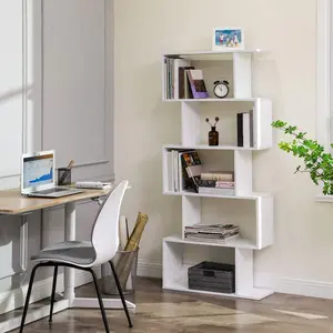 Bookcase, 5-Tier Bookshelf, Display Shelf And Room Divider, Freestanding Decorative Storage Shelving, Rustic Brown, White Reversible L-Shaped Desk with