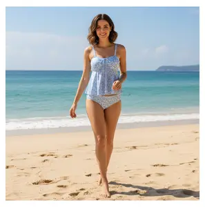 Tankini Swimsuit for Women Pastel Blue Floral - Peplum Two Piece Bathing Suit with Shorts - Modest Swimwear for Beach, Pool, Vacation - Adjustable Straps