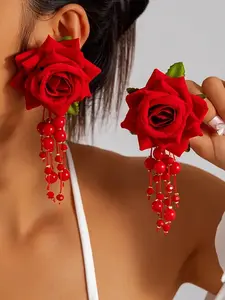 Vintage-Inspired Rose Beaded Dangle Earrings, Elegant Handmade Jewelry for Women, Perfect Party Accessory, Ideal Gift Idea