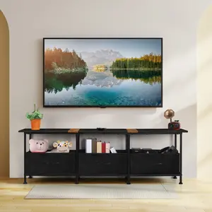 Black TV Stand for Living Room - Audio Stand , Fits 50~65 Inch TV with 3 Woven Storage Drawers, Load Capacity 60LB, Home Entertainment Furniture, Easy to Assemble, Sturdy Construction, Shipped from the US