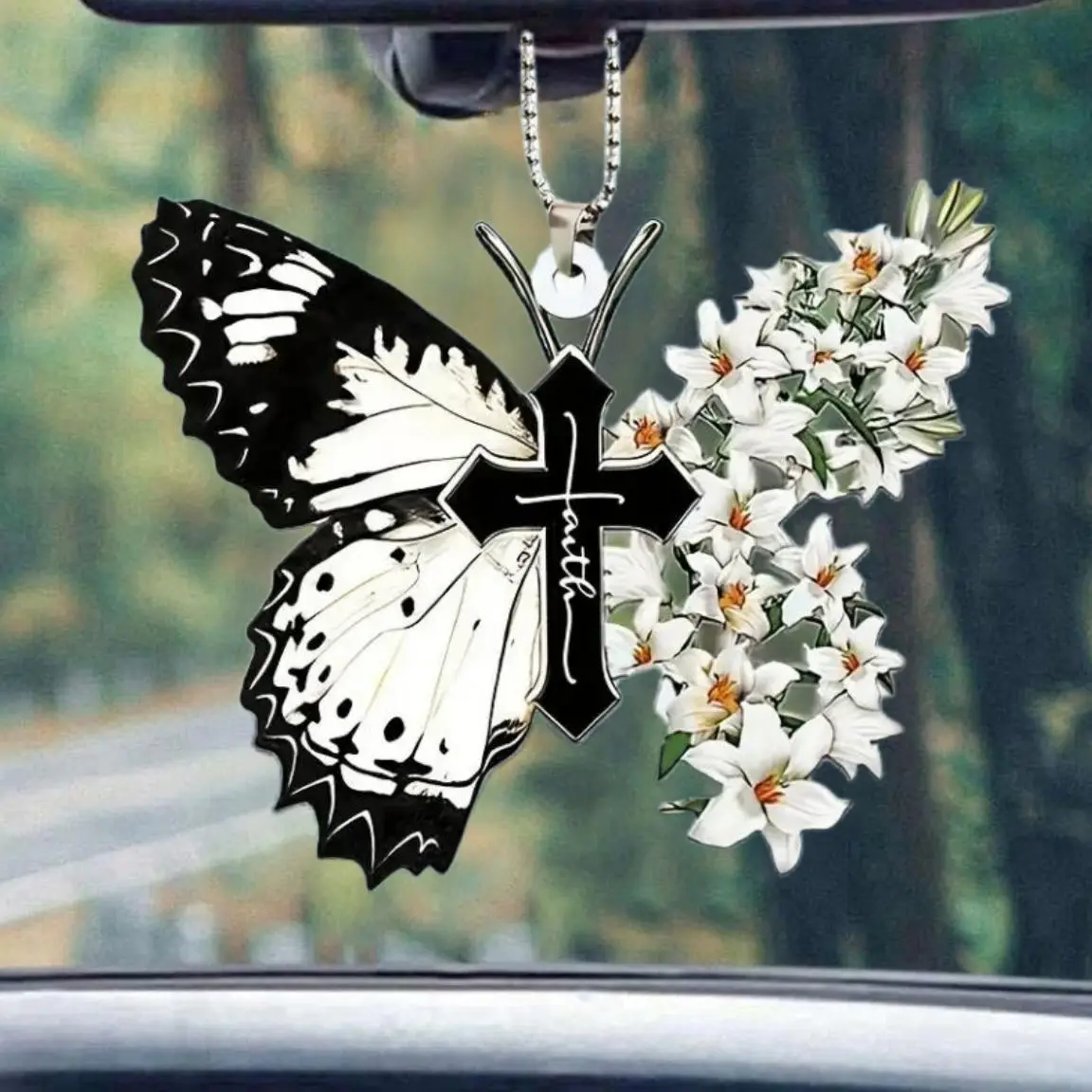 Creative Butterfly & Cross Design Car Ornament, Animal Shape Car Hanging Decoration, Car Rear Mirror Pendant, Car Interior Decoration Accessories