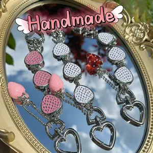 Silver Pink Strawberry Metal extender Bag Chain with Keychain Novelty Bag Strap heart shaped