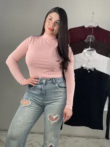 Candy's Long Sleeve Top - Rhinestone Design - Mesh Like Material See Through Sleeves - Slim-Fitting - Stylish & Modern - Autumn Wear - Elegant & Stretchy