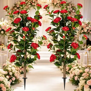 2-Pack 3FT red  Artificial Camellia Bushes, UV Resistant Lifelike Faux Flowers with Ground Spike, Zero Care Fake Floral Stems for Indoor Outdoor Patio Porch Decoration